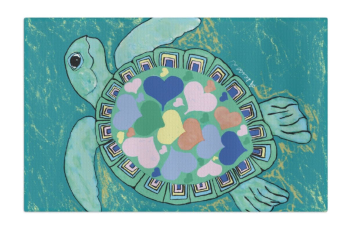 “Love” Sea Turtle Microfiber Waffle Towel - Blue Cava