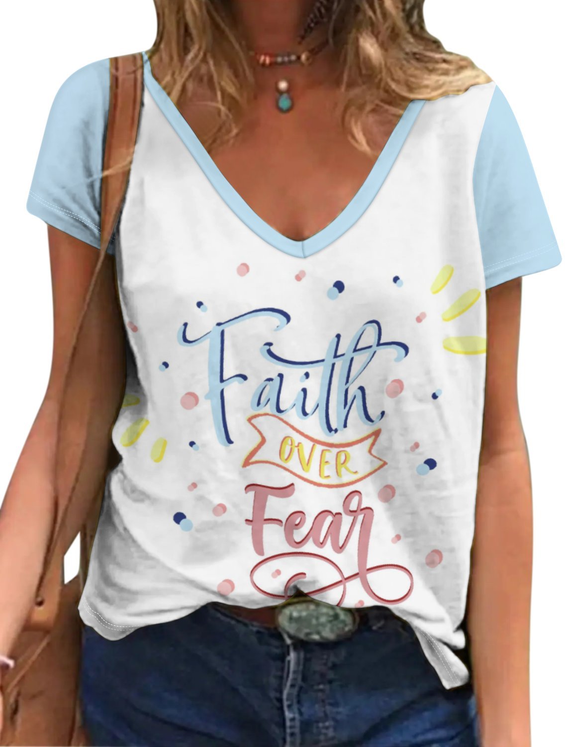 Faith Over Fear Short Sleeve T-Shirts - Blue Cava