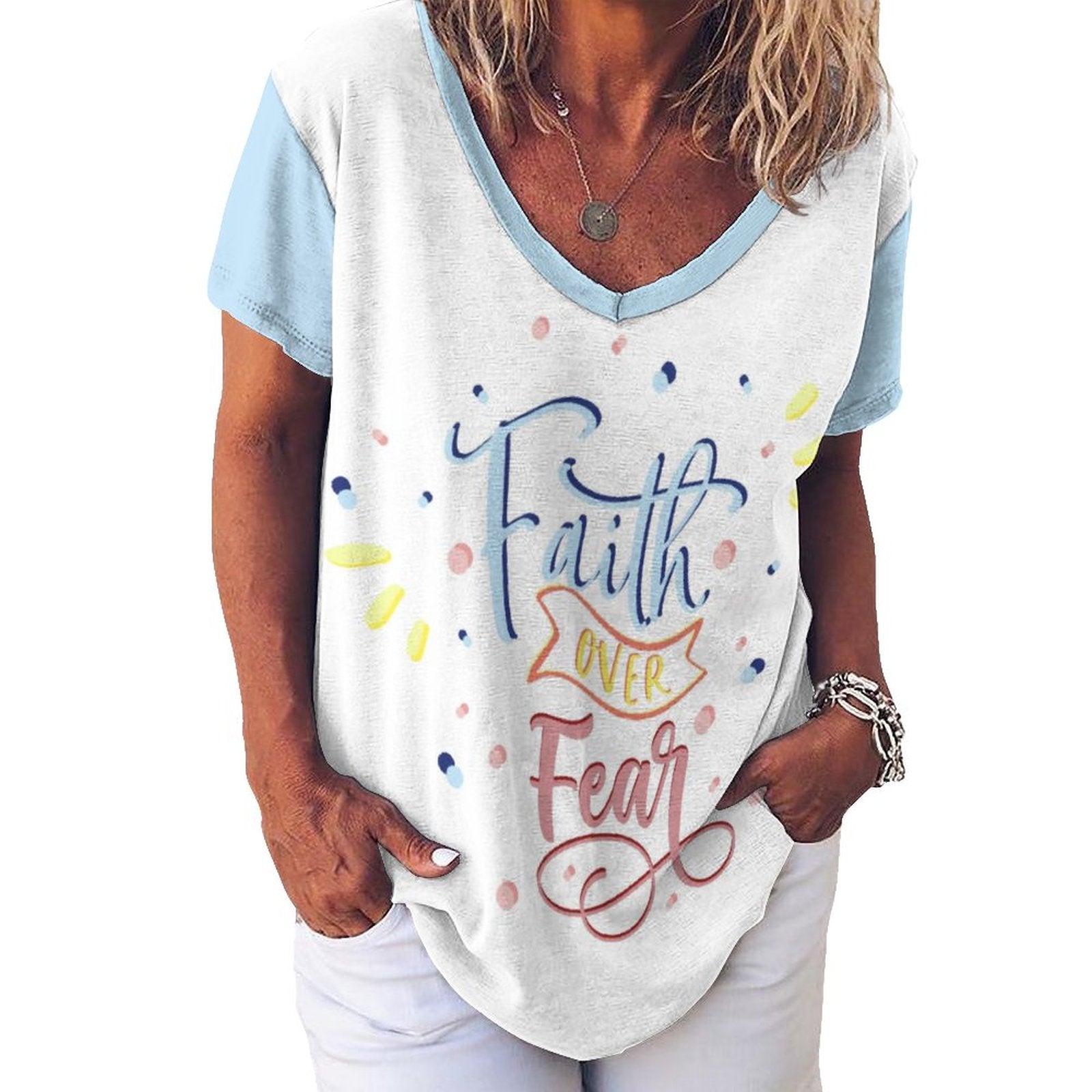 Faith Over Fear Short Sleeve T-Shirts - Blue Cava