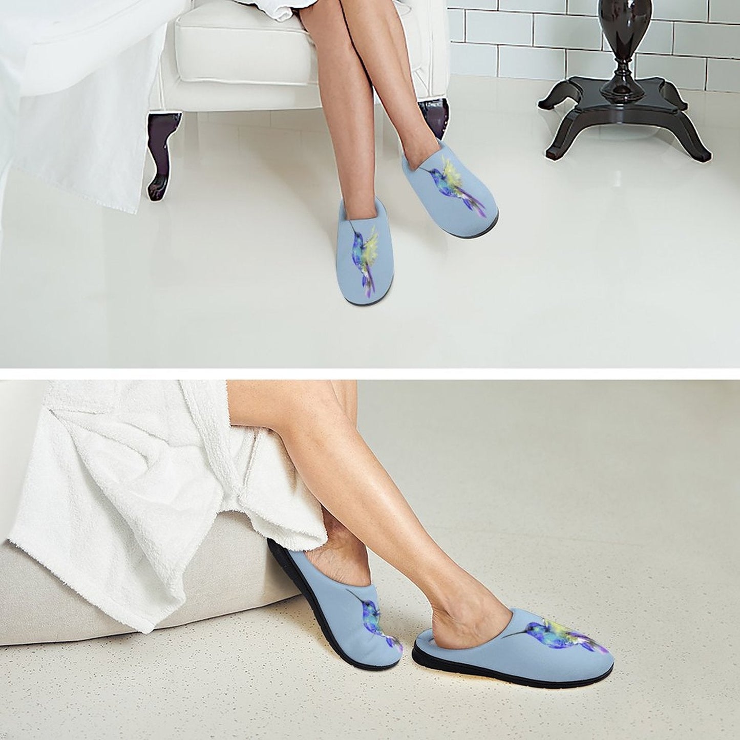 Flossie Hummingbird Custom Women's Cotton Slippers for Indoor Wear - Blue Cava