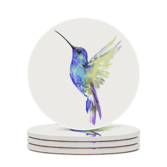 Flossie Hummingbird Round Ceramic Coaster - Blue Cava