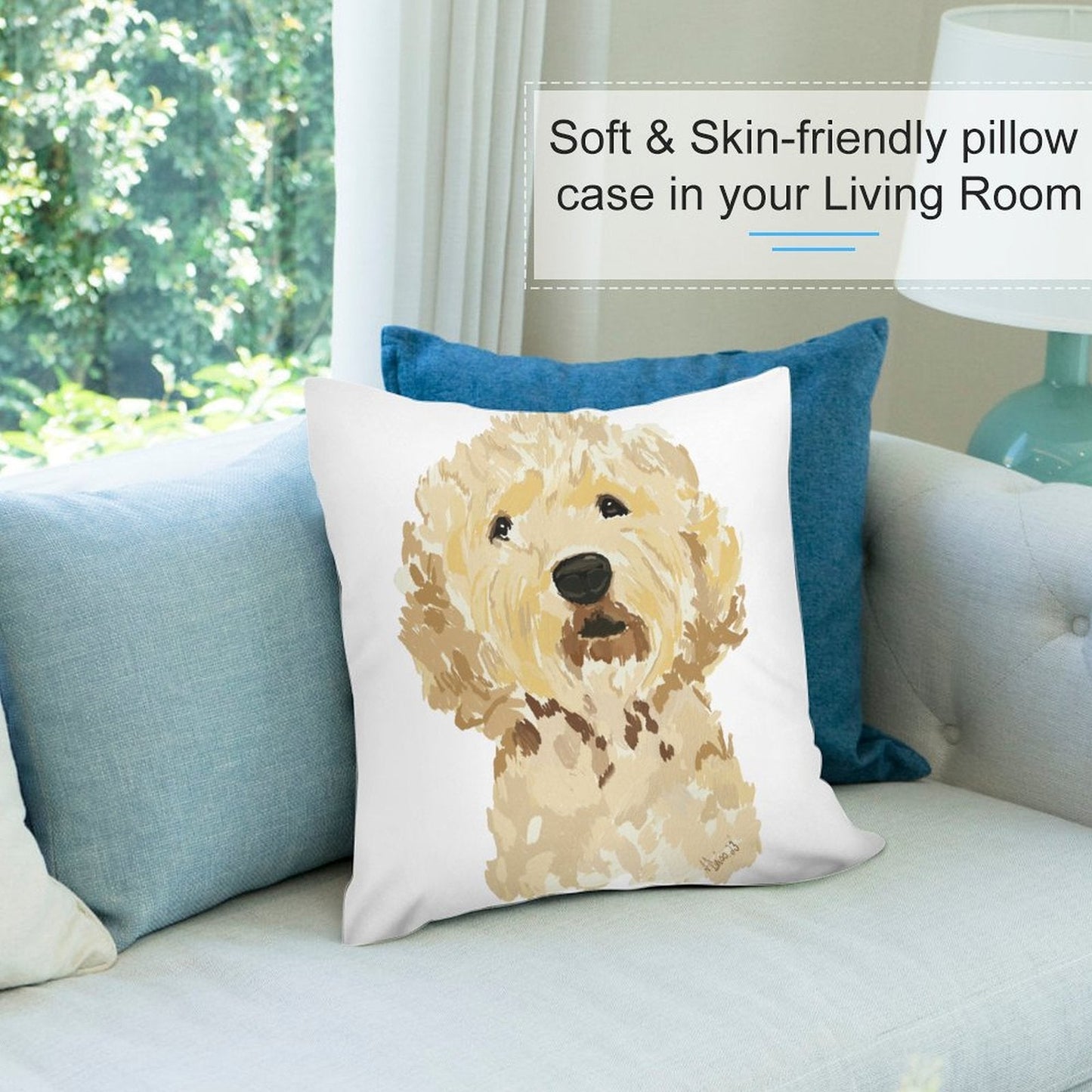 GoldenDoodle Picture on Plush Pillow Case (Pillow Excluded, Set of 2) - Blue Cava