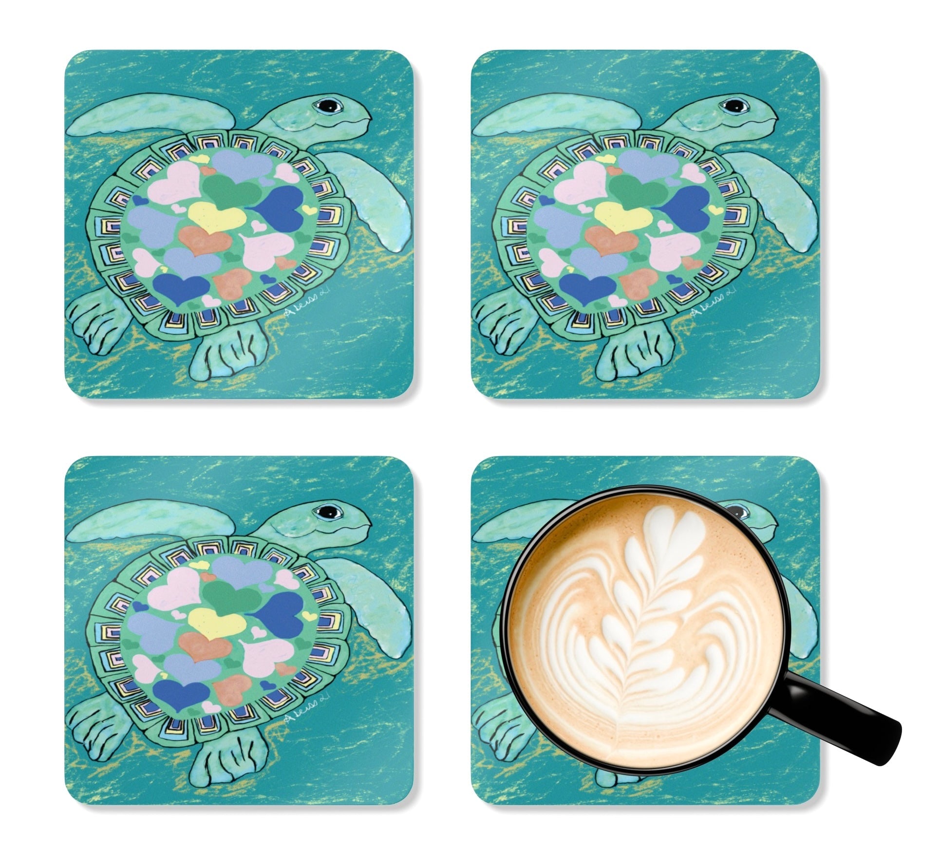 Love Sea Turtle Corkwood Coaster Set - Blue Cava