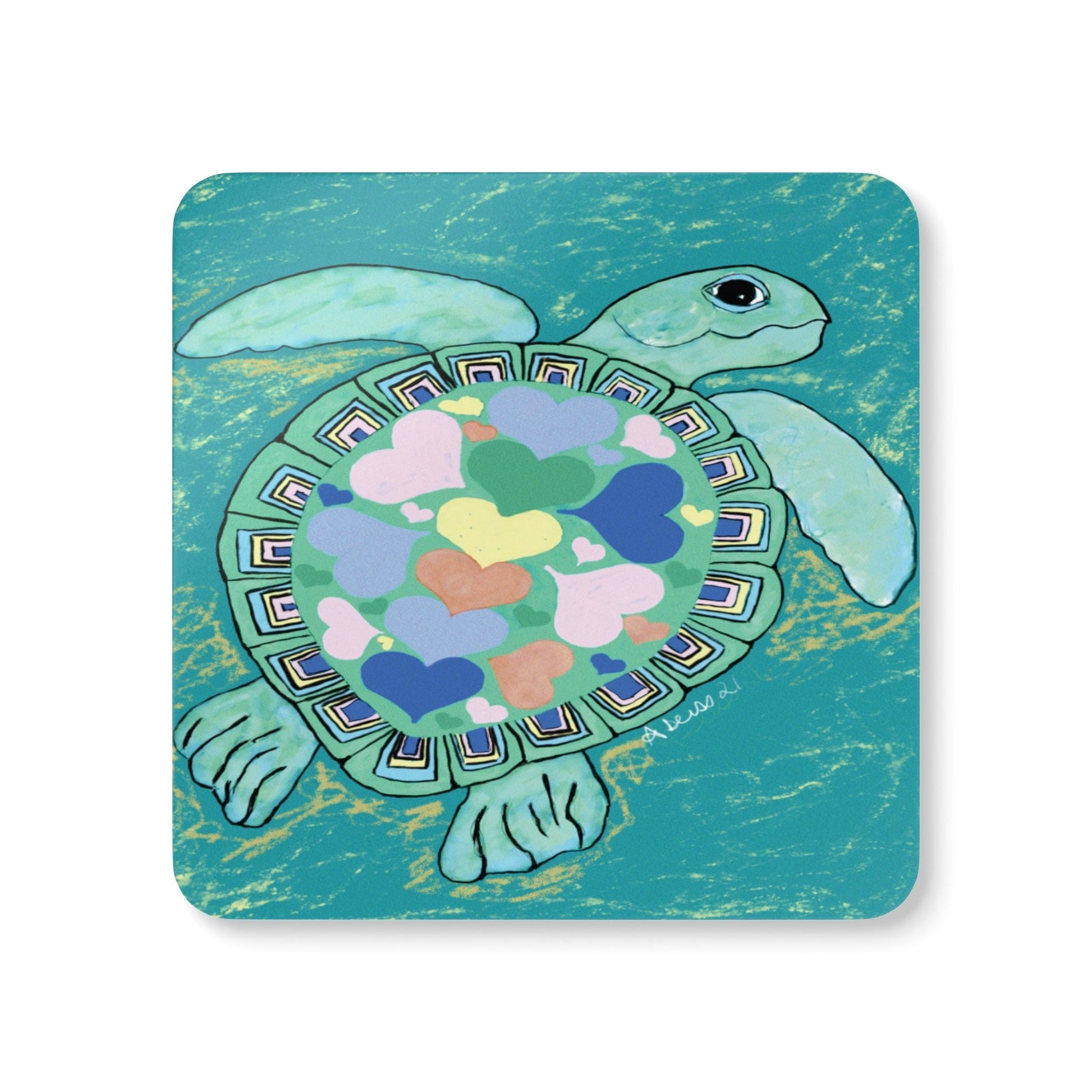 Love Sea Turtle Corkwood Coaster Set - Blue Cava