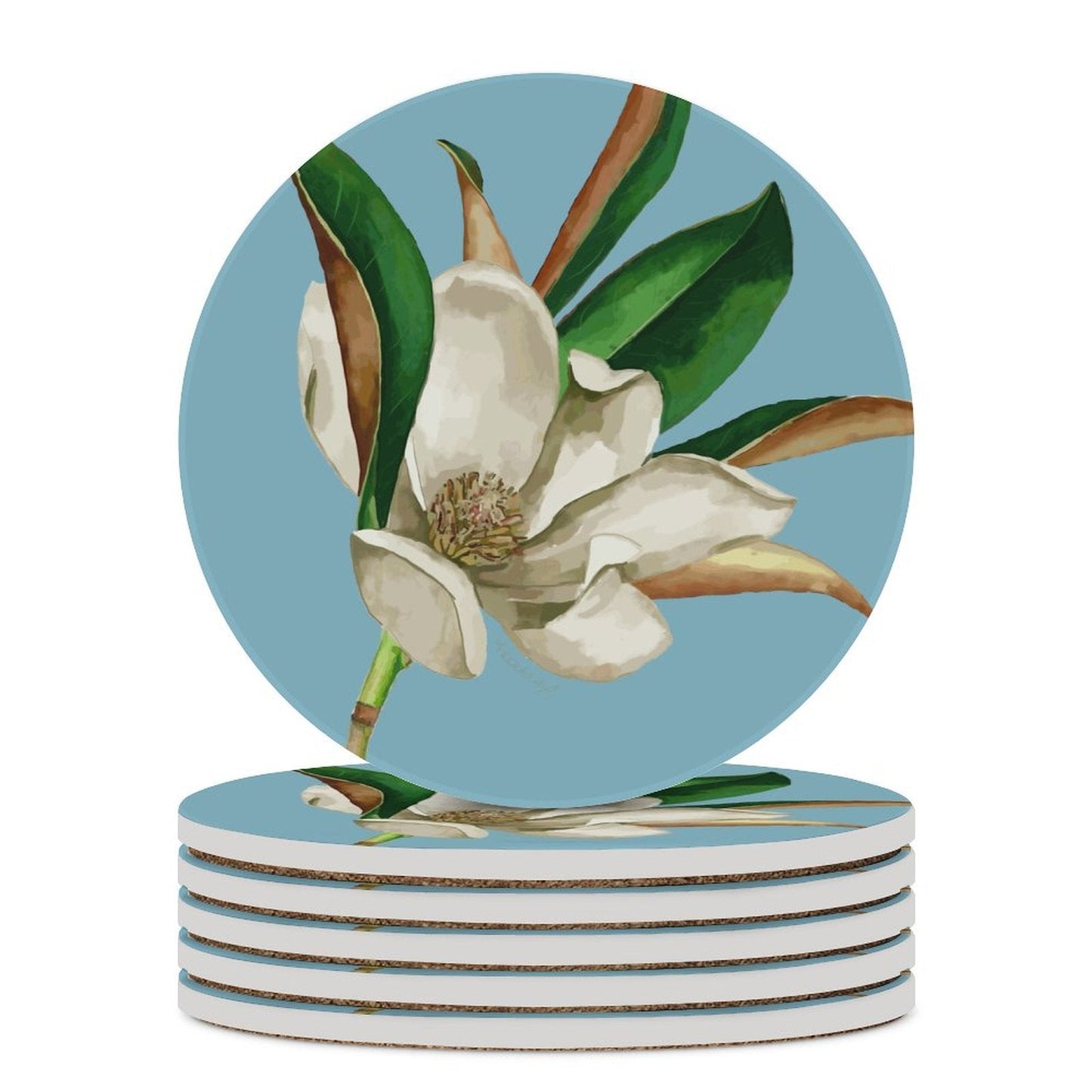 Magnolia Round Ceramic Coaster - Blue Cava