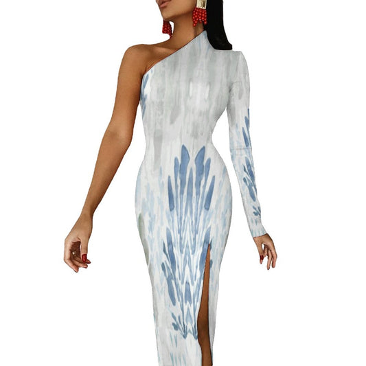 Native Watercolor One Shoulder Split Dress BIQ - Blue Cava