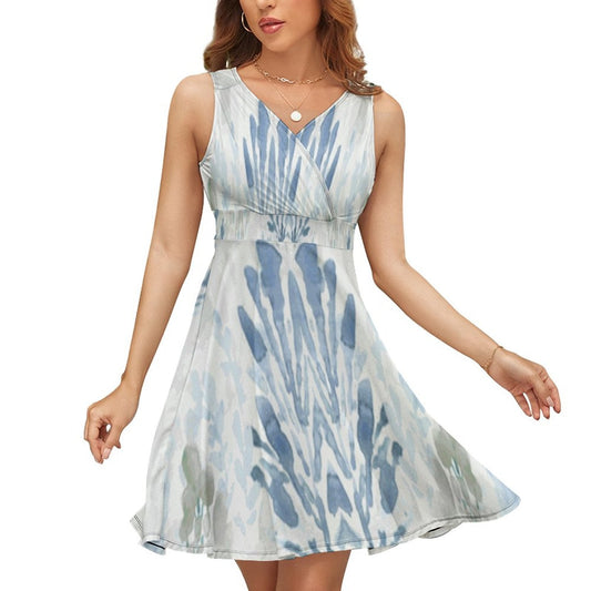 Native Watercolor Sleeveless High Waist Dress - Blue Cava