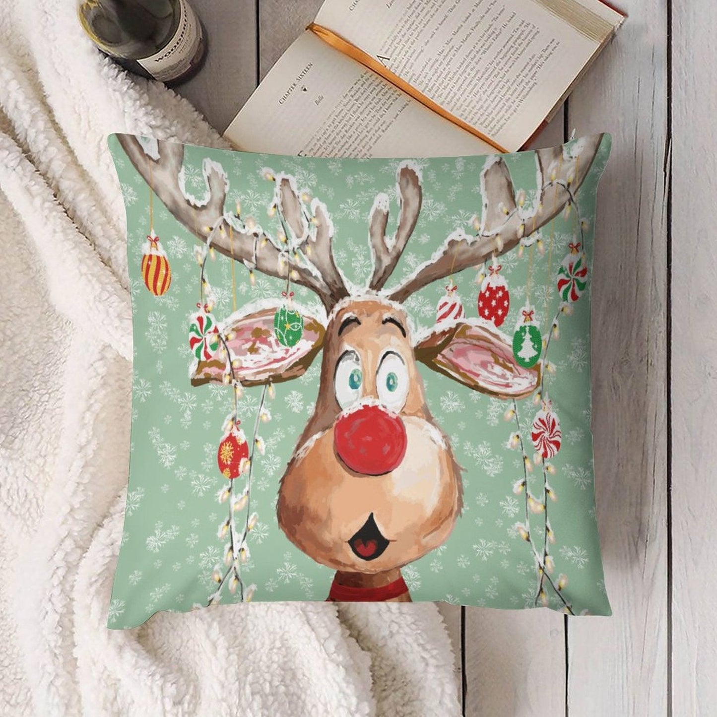 "Pedro" Reindeer Plush Pillow Covers (Pillow not included, Set of 2, Dual side print) - Blue Cava