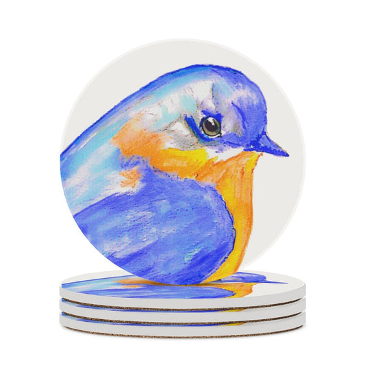 Watercolor Blue Jay Round Ceramic Coaster - Blue Cava