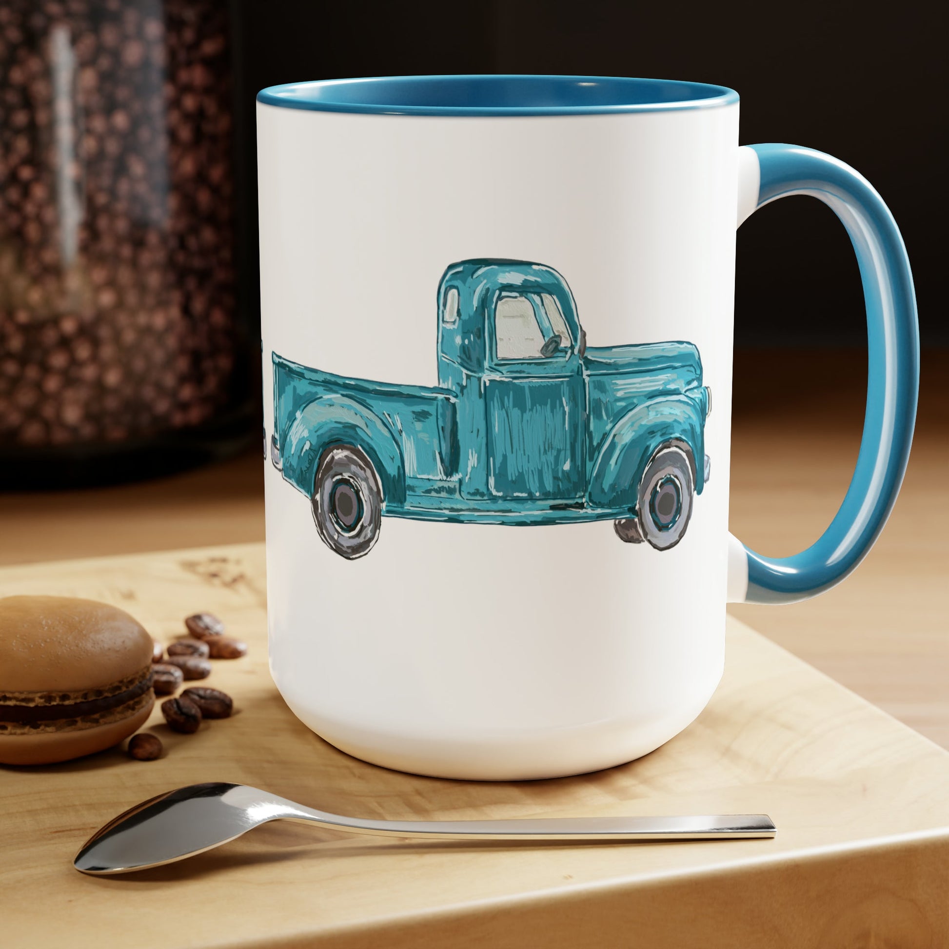 Antique Truck Two-Tone Coffee Mugs, 15oz - Blue Cava