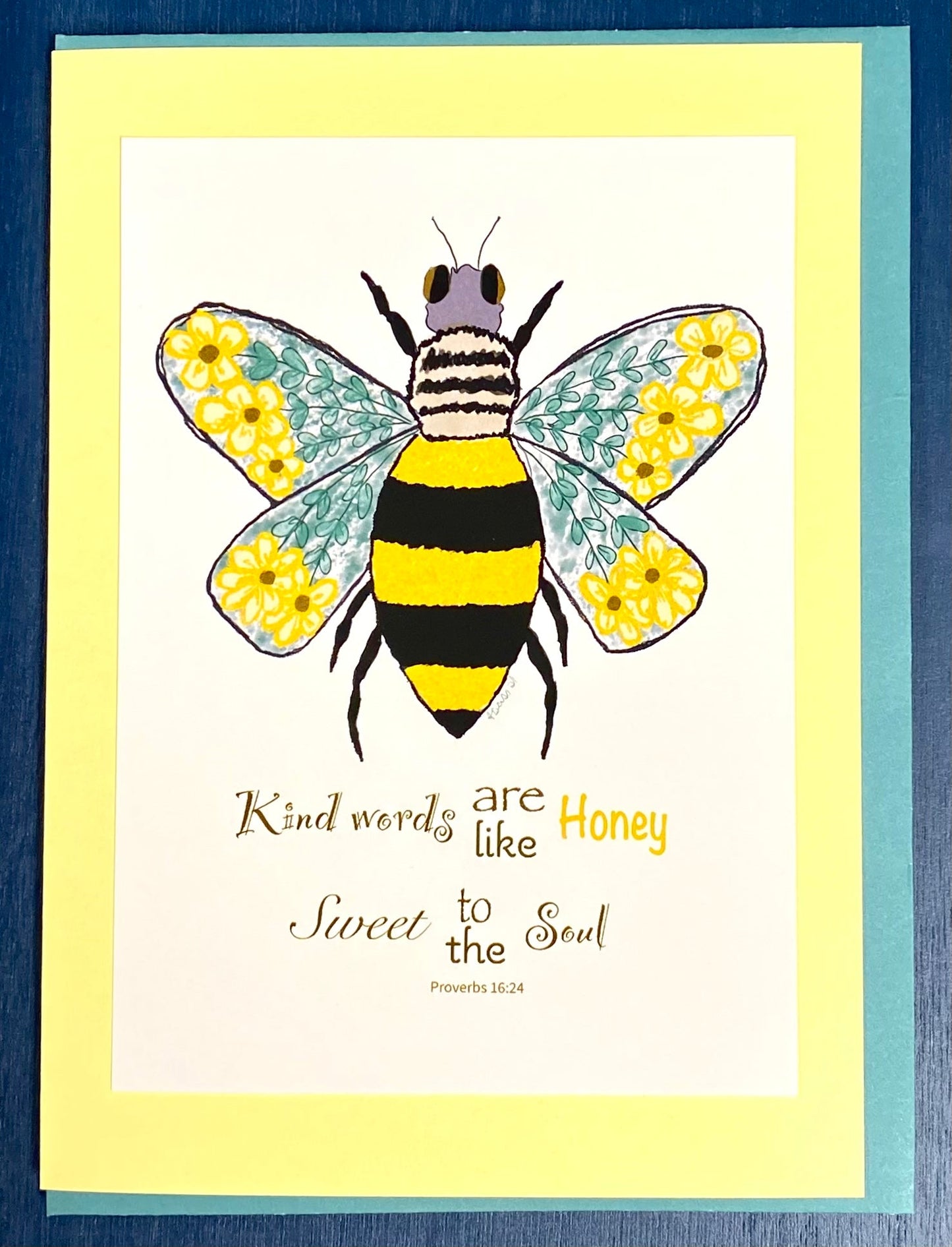 Bee Flowers Greeting card (Proverbs 16:24) - Blue Cava
