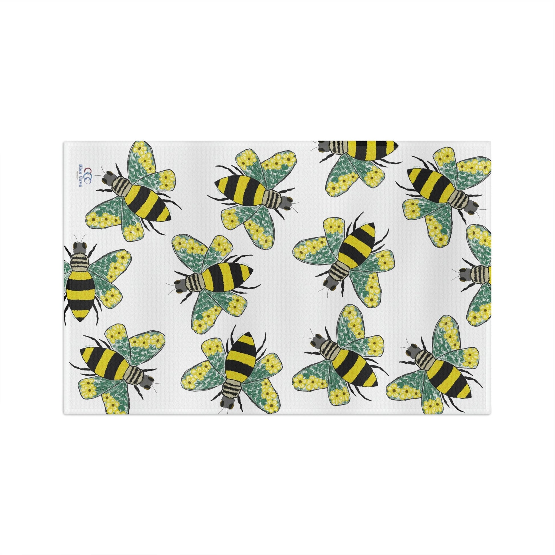 Bee Flowers Microfiber Waffle Towel - Blue Cava