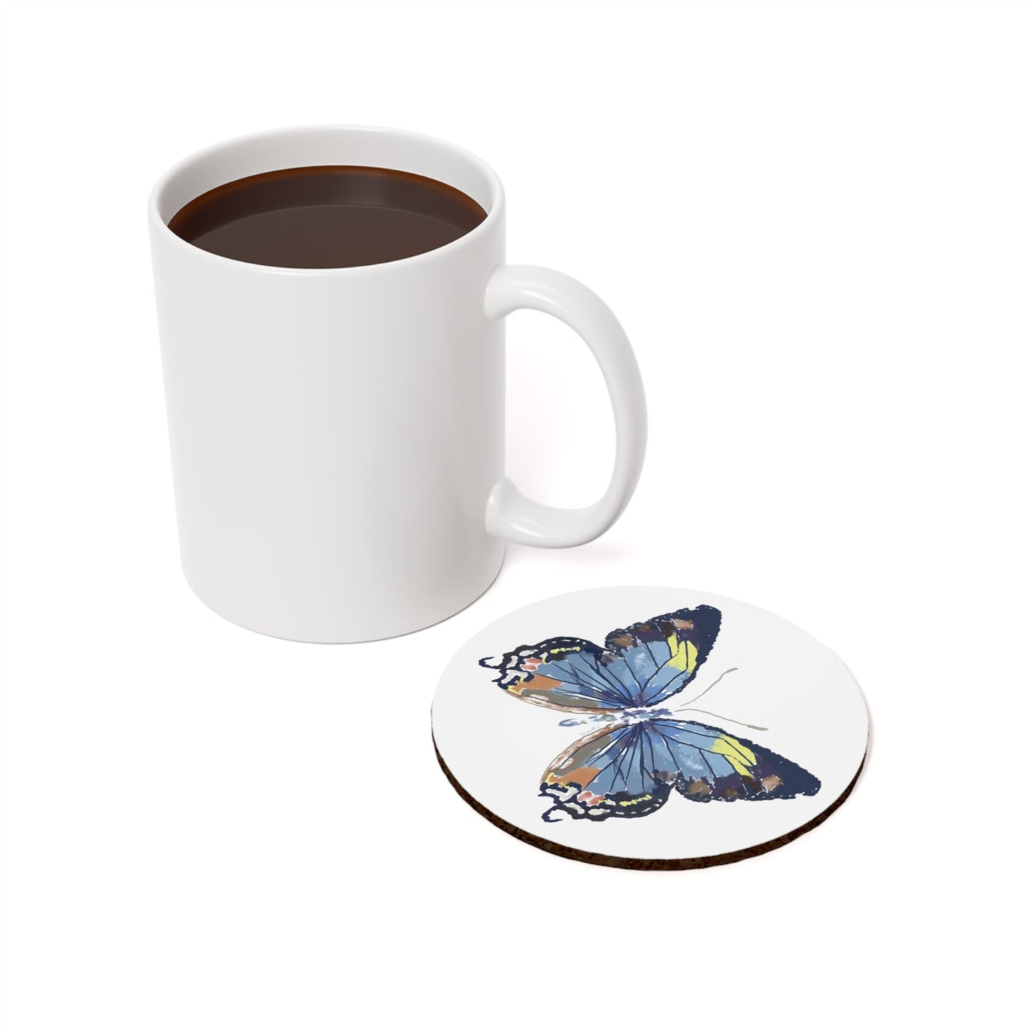 Butterfly Individual Cork Back Coasters-Round and Square - Blue Cava