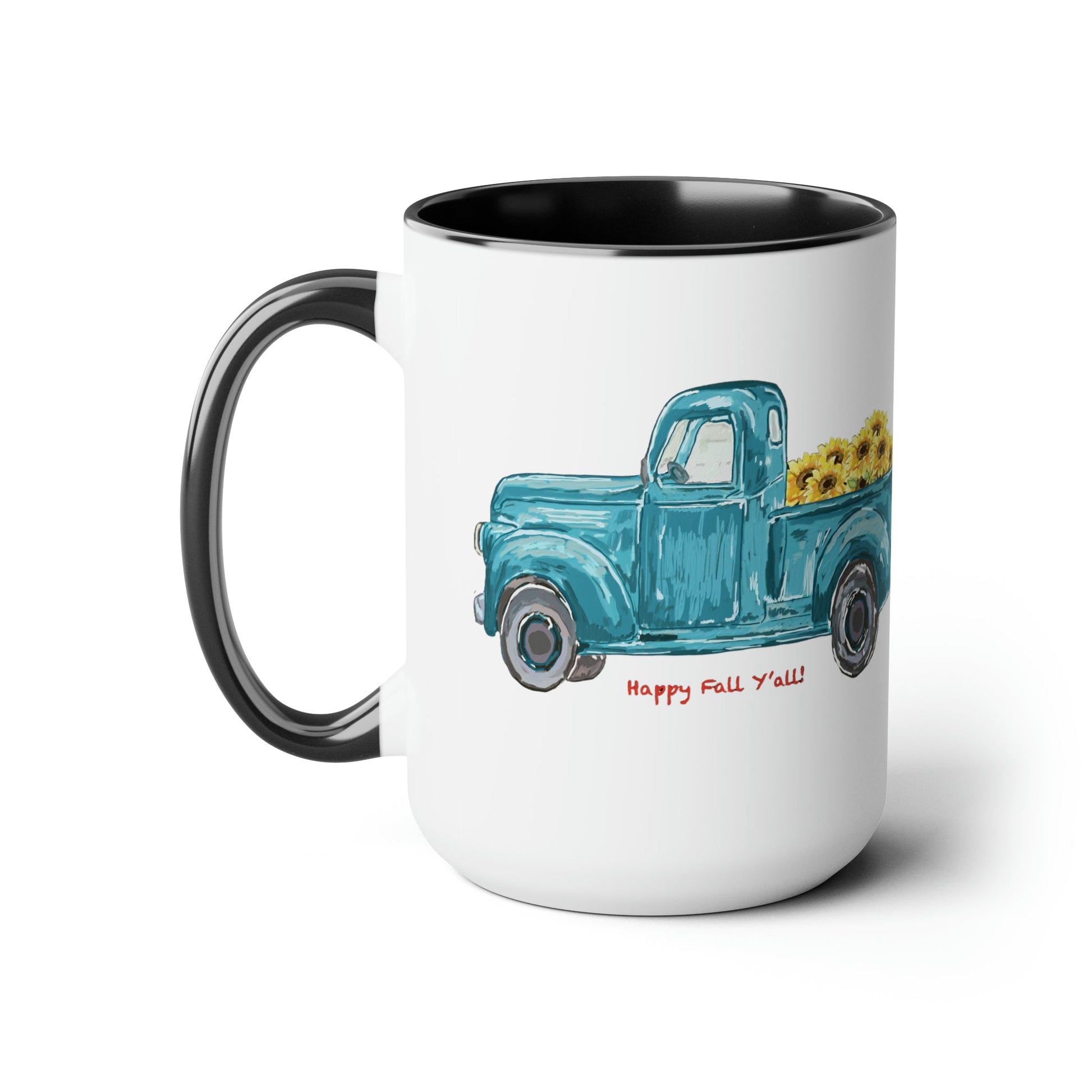 Fall Sunflower Truck Two-Tone Coffee Mugs, 15oz - Blue Cava