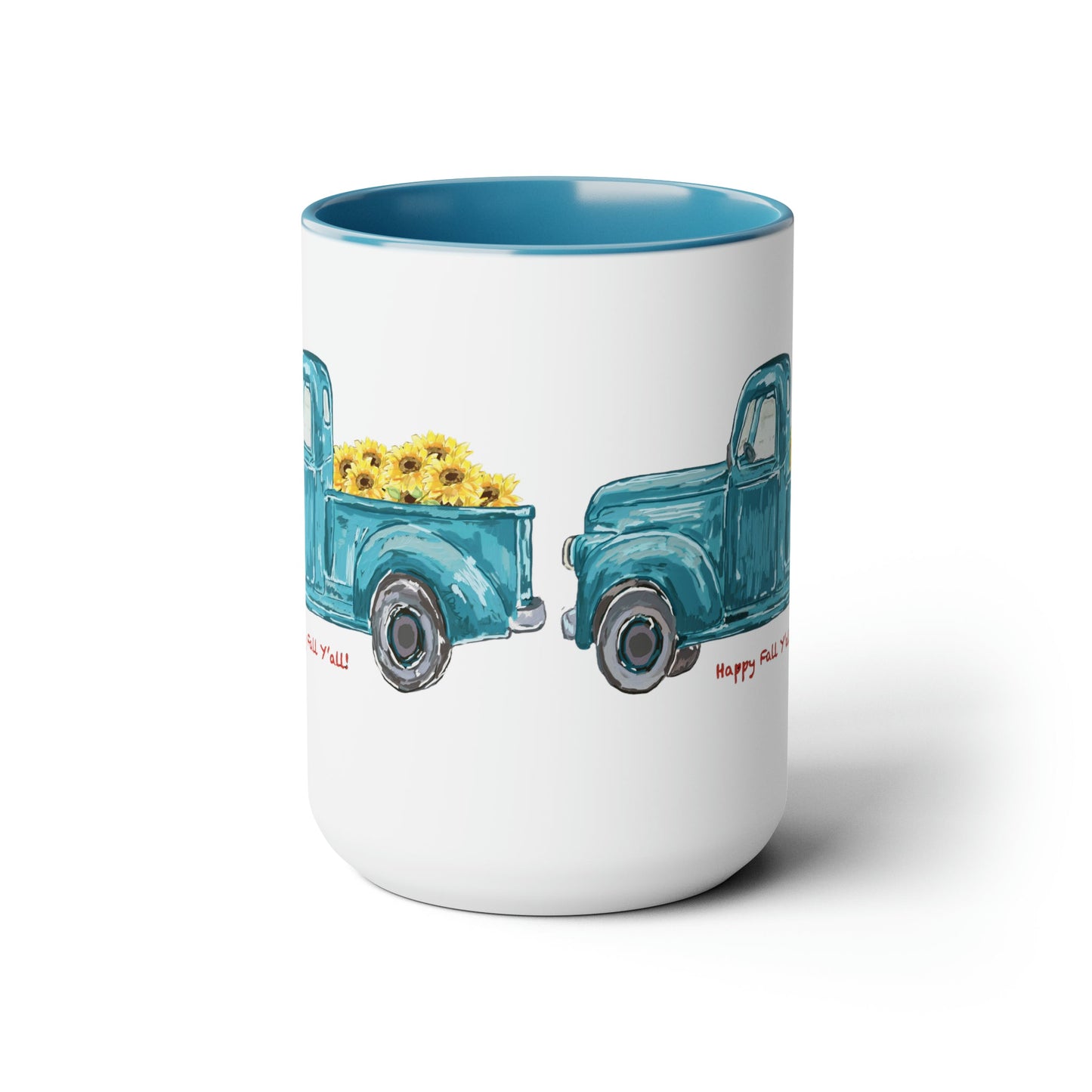 Fall Sunflower Truck Two-Tone Coffee Mugs, 15oz - Blue Cava