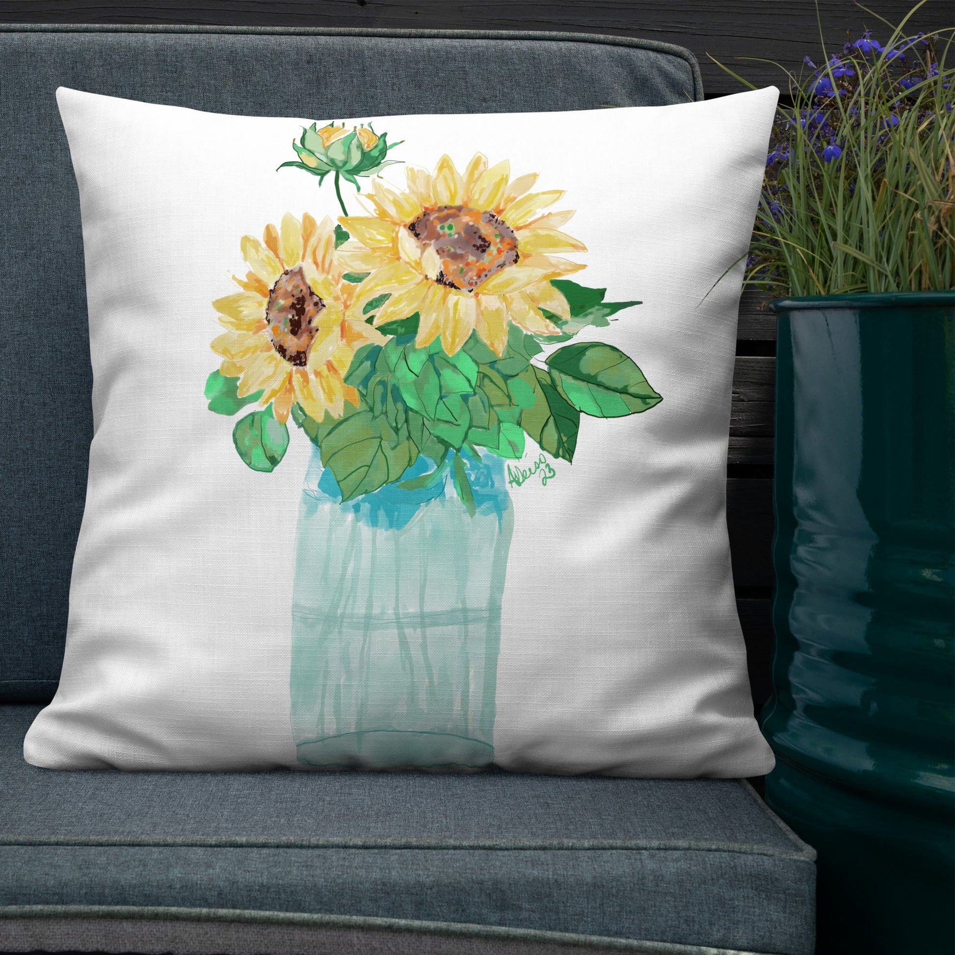 Floral Vase Premium Pillow - Blue Cava