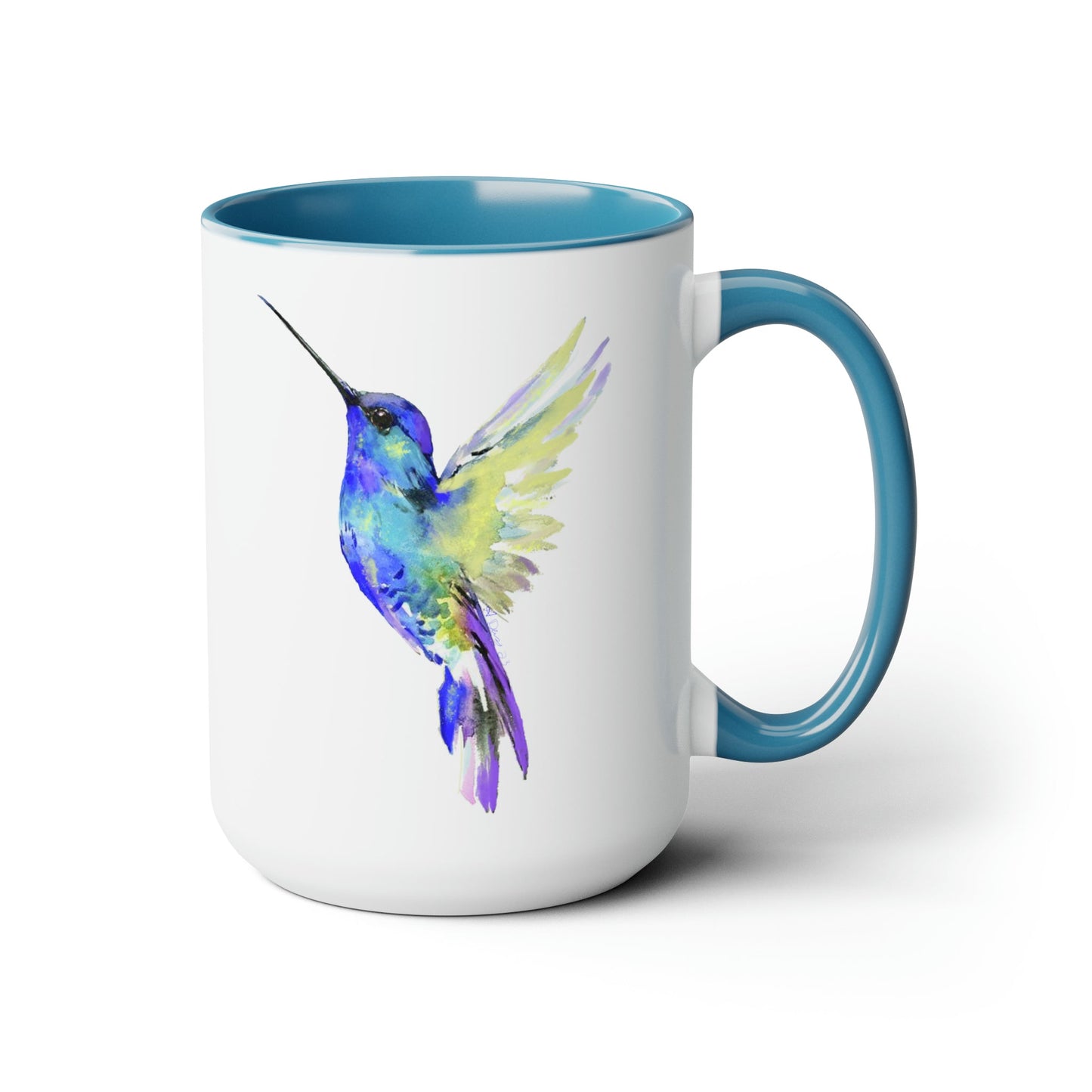 “Flossie” Hummingbird Two-Tone Coffee Mugs, 15oz - Blue Cava