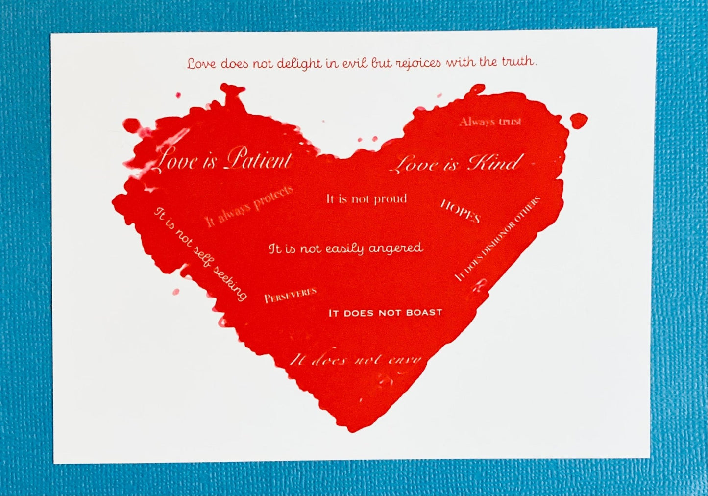 Love is Patient Heart card “Corinthians 13:4” (Two colors available) - Blue Cava
