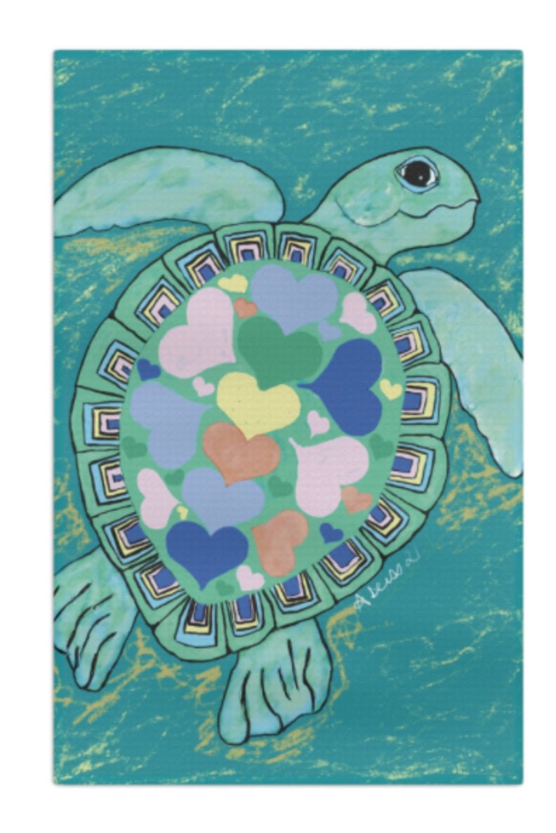 “Love” Sea Turtle Microfiber Waffle Towel - Blue Cava