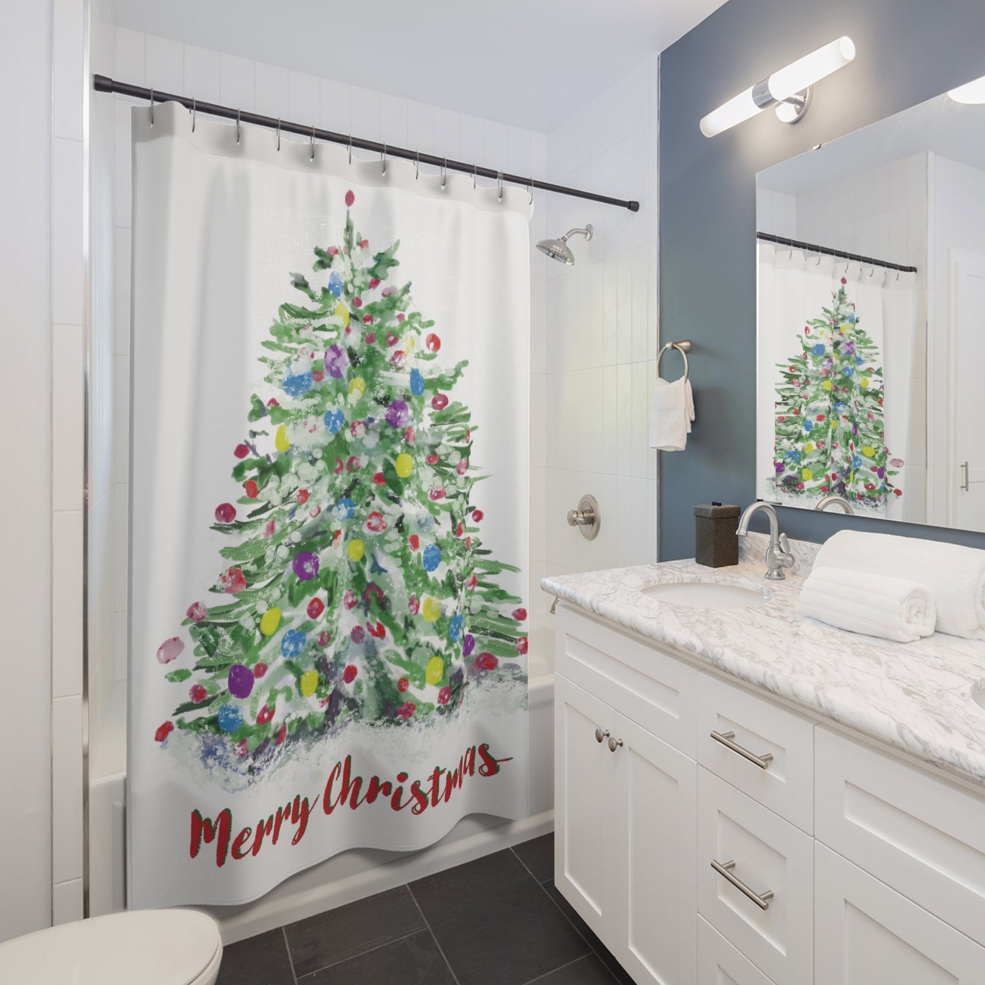 Merry Christmas Watercolor Christmas Tree Shower Curtains - Blue Cava