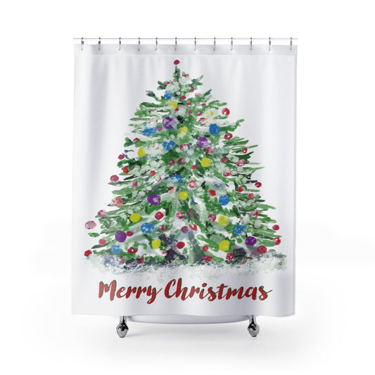 Merry Christmas Watercolor Christmas Tree Shower Curtains - Blue Cava