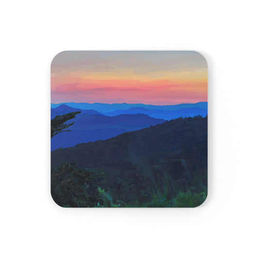 Mountain Sunset Cork Back Coasters - Square & Circle - Blue Cava