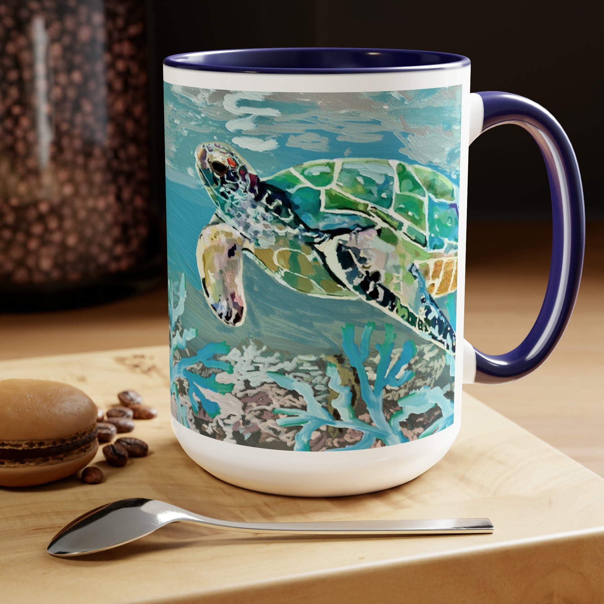 OKI Sea Turtle Two-Tone Coffee Mugs, 15oz - Blue Cava