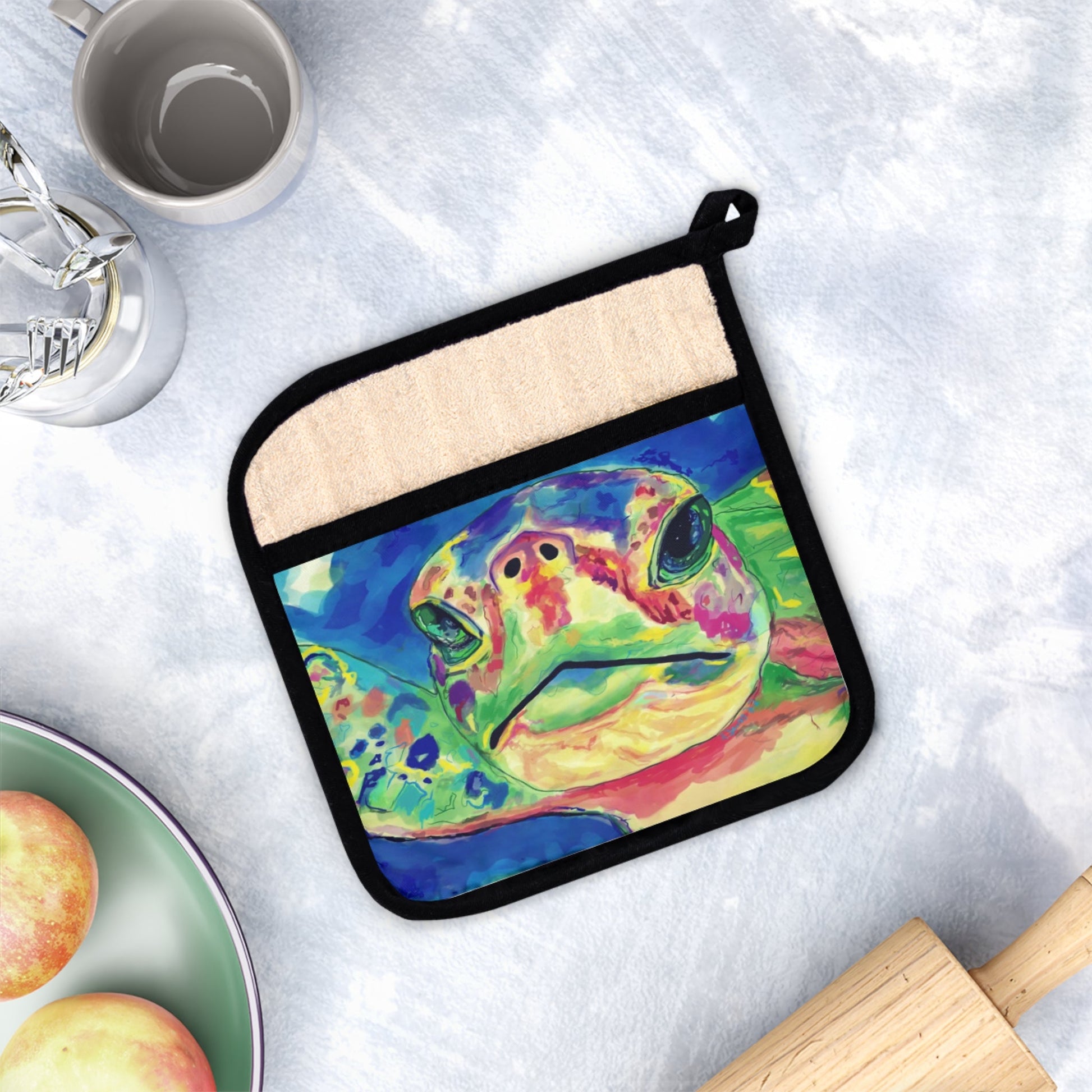 Rainbow Sea Turtle Pot Holder with Pocket - Blue Cava