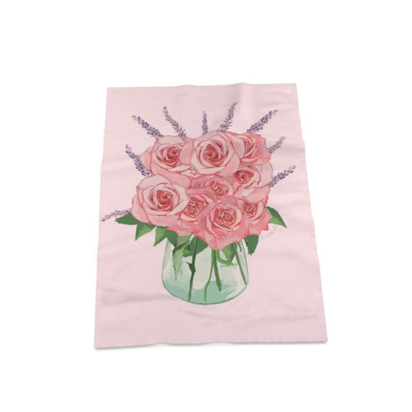 Roses and Lavender Linen Towel - Blue Cava