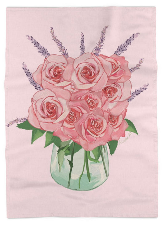 Roses and Lavender Linen Towel - Blue Cava