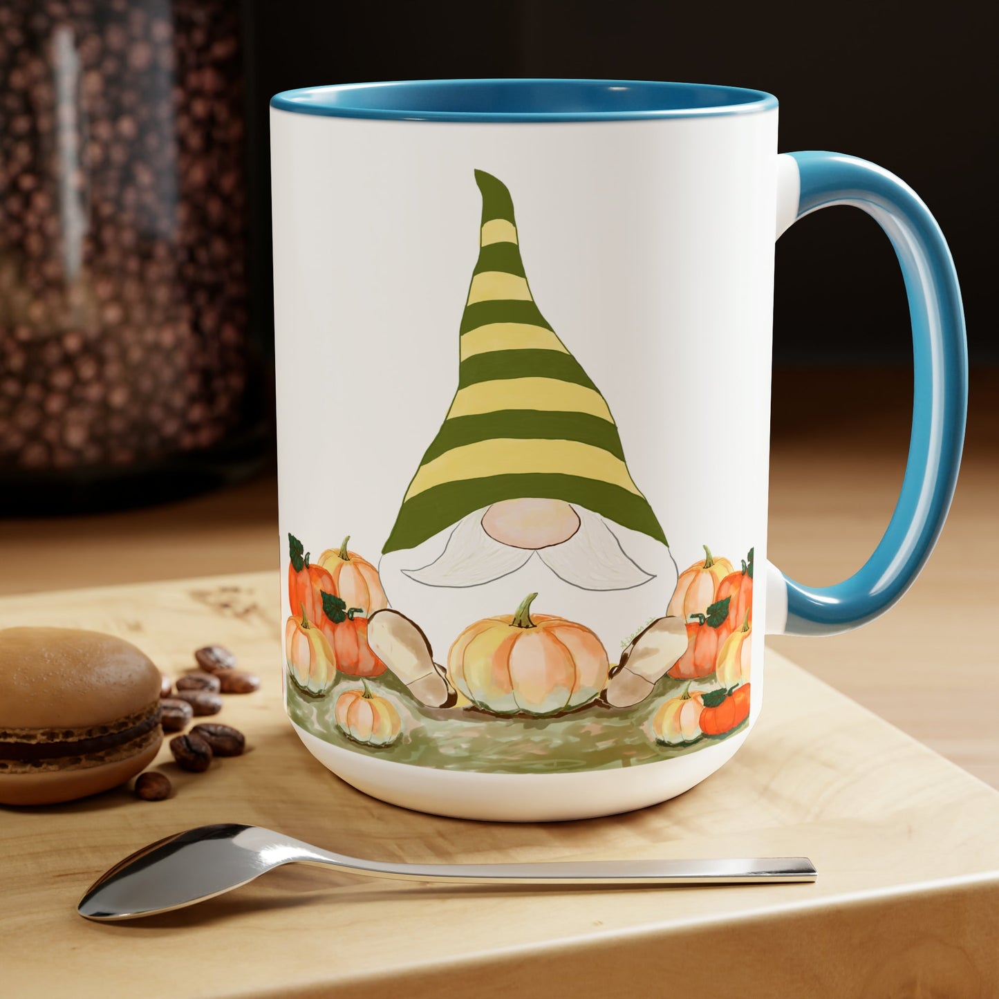 “Sawyer” Fall Gnome Two-Tone Coffee Mugs, 15oz - Blue Cava