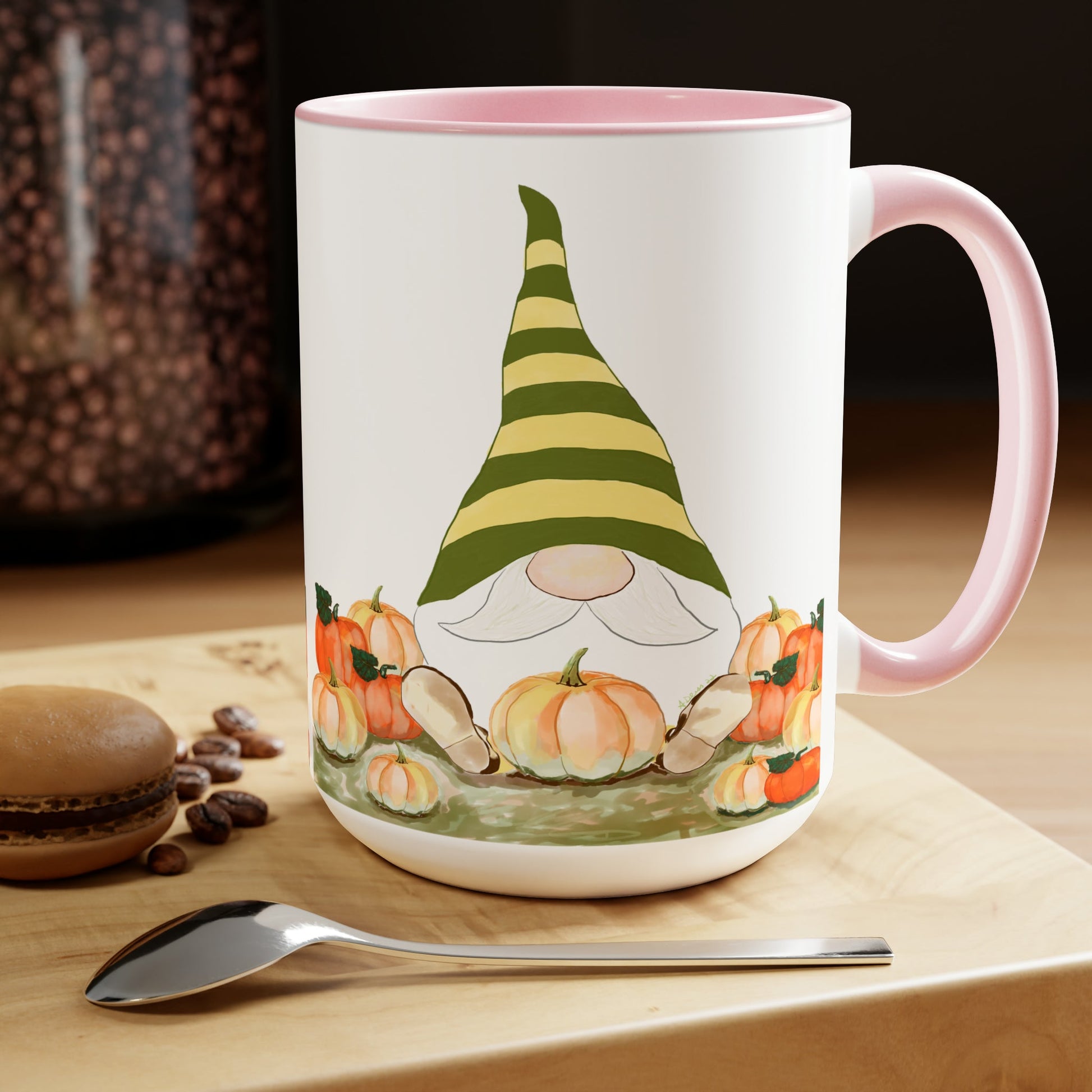 “Sawyer” Fall Gnome Pink Two-Tone Coffee Mugs, 15oz - Blue Cava