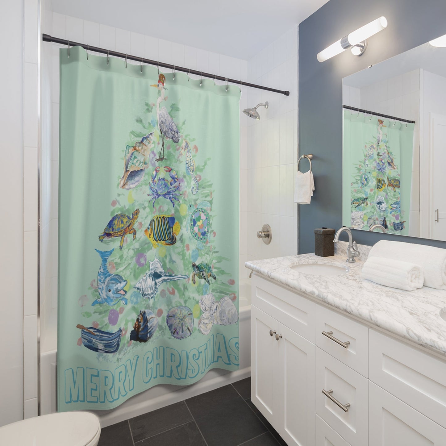 Sea Side Christmas Tree Shower Curtains - Blue Cava