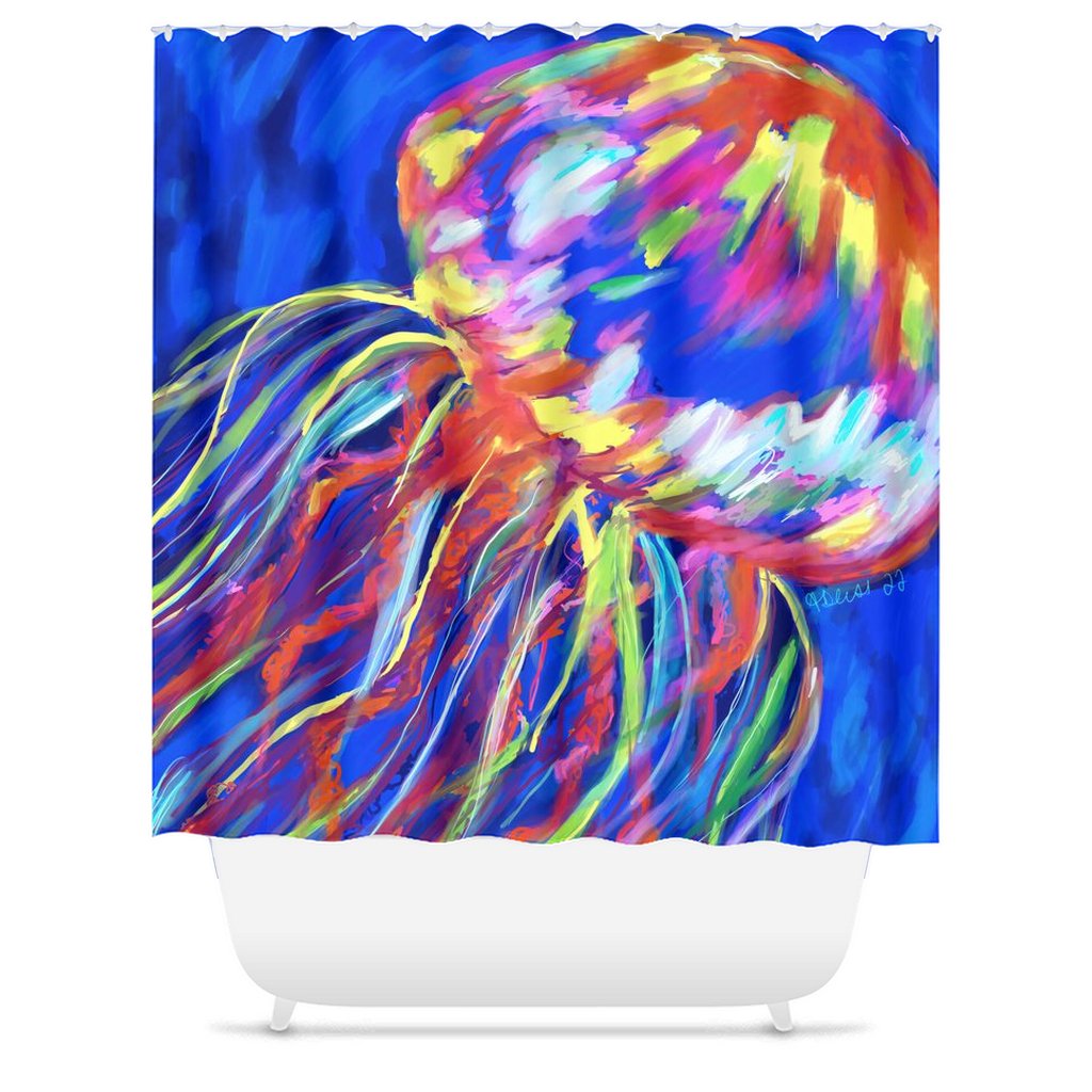 “Stringer” Jellyfish Shower 71" x 74" Curtain - Blue Cava