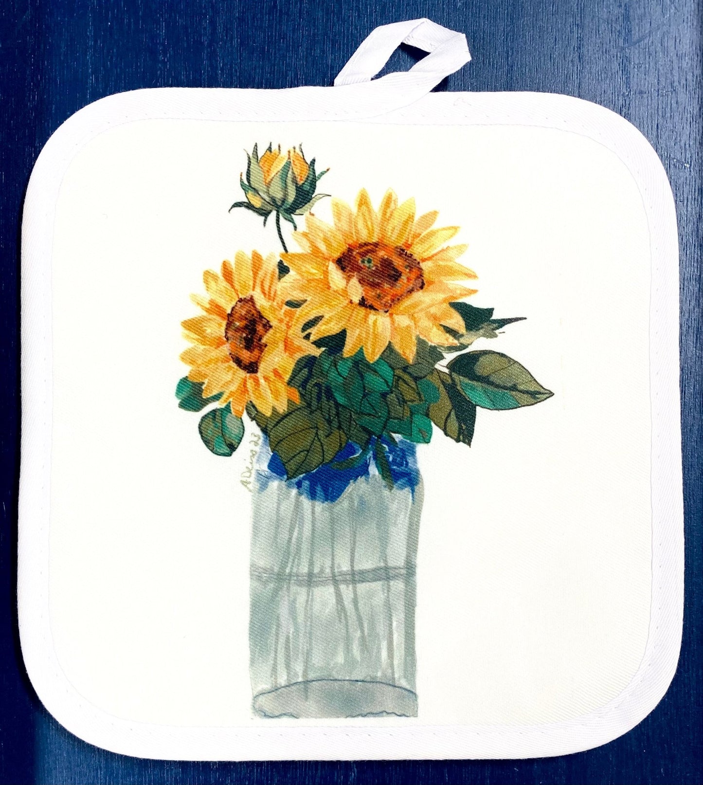 Sunflowers in Vase Pot Holder - Blue Cava