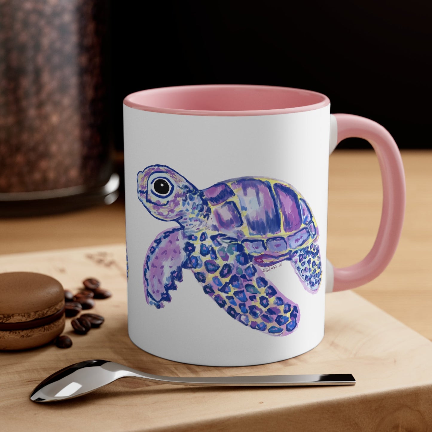 “Tilley” Sea Turtle Accent Coffee Mug, Pink 11oz - Blue Cava