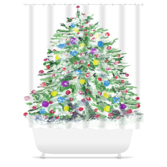 Watercolor Christmas Tree Shower Curtain - Blue Cava